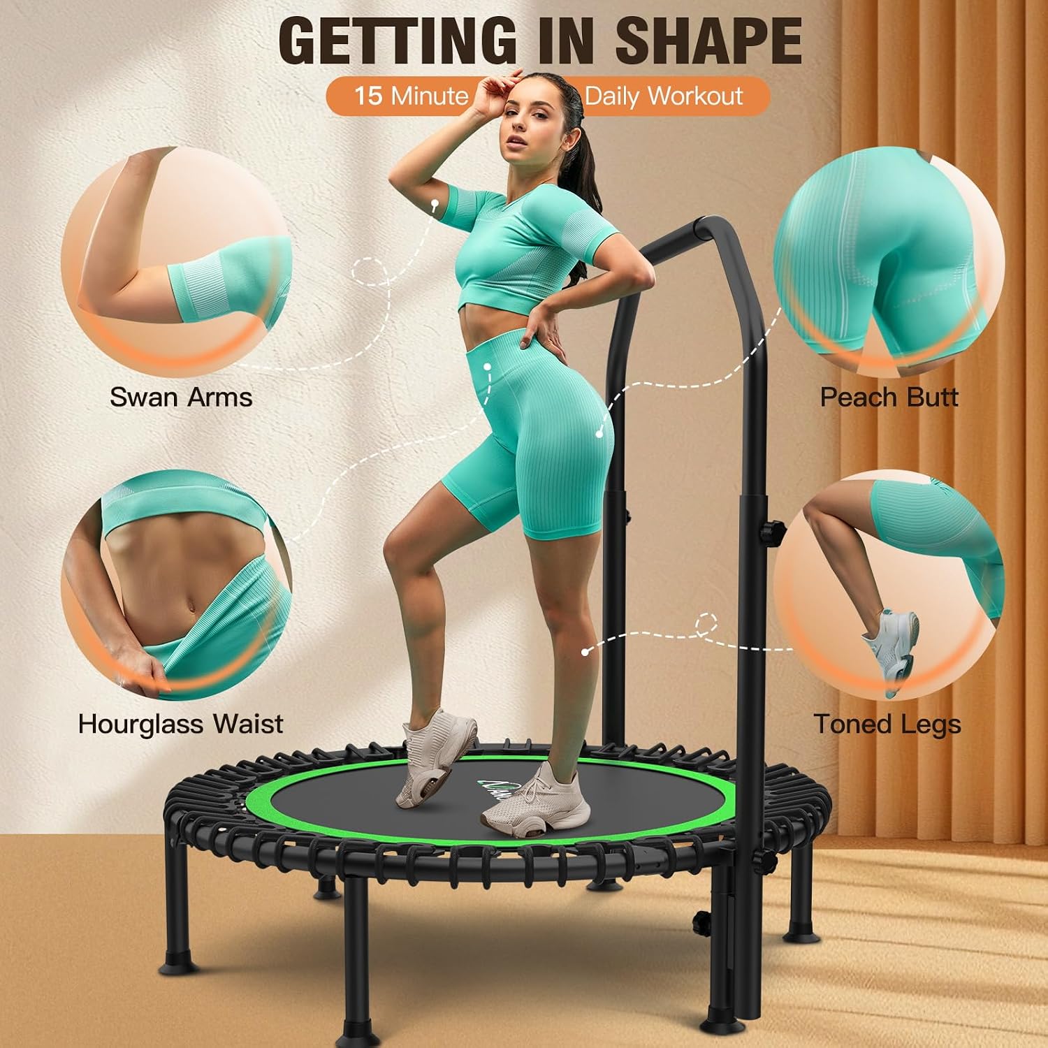 ANCHEER 40'/48' Foldable Mini Trampoline,Max Load 450lbs/550lbs Indoor Trampoline,with 4 Level Adjustable Foam Handle and Resistance Bands,Adult Exercise Trampoline for Home, Garden, and Gym