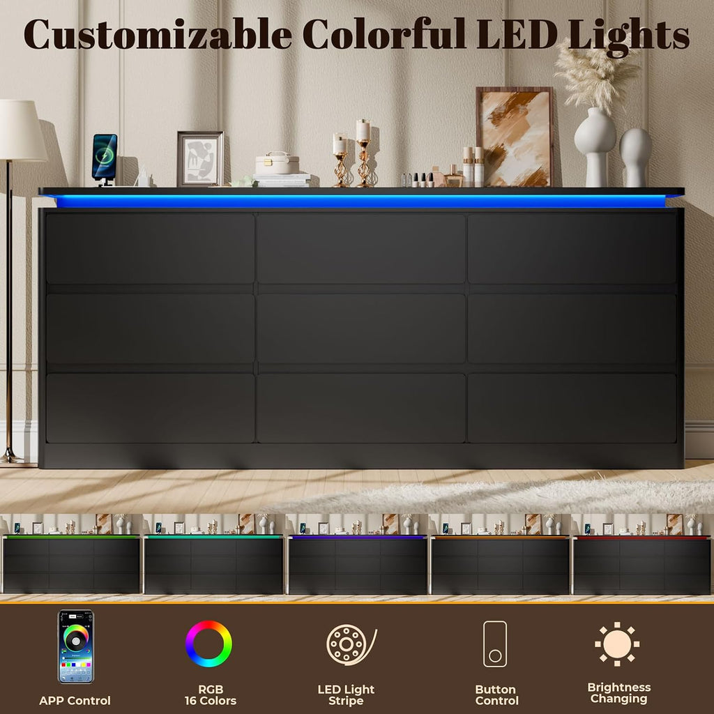 9 Drawer Dresser for Bedroom, 63' Long Black Chest of Drawers with Charging Station & LED Lights, Curved Anti-Collision Design,Wooden Closet Storage Cabinet,Modern Dresser TV Stand with Deep Drawers