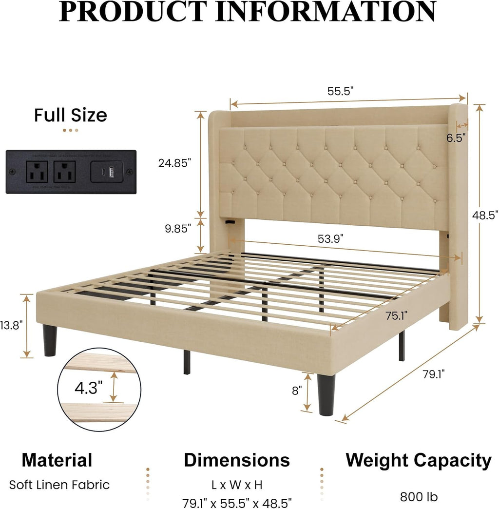 SHA CERLIN Full Size Platform Bed Frame with Charging Station, Linen Wingback Headboard with Storage Shelf, Wooden Slats Support, Ample Under-Bed Space, No Box Spring Needed, Easy Assembly, Beige
