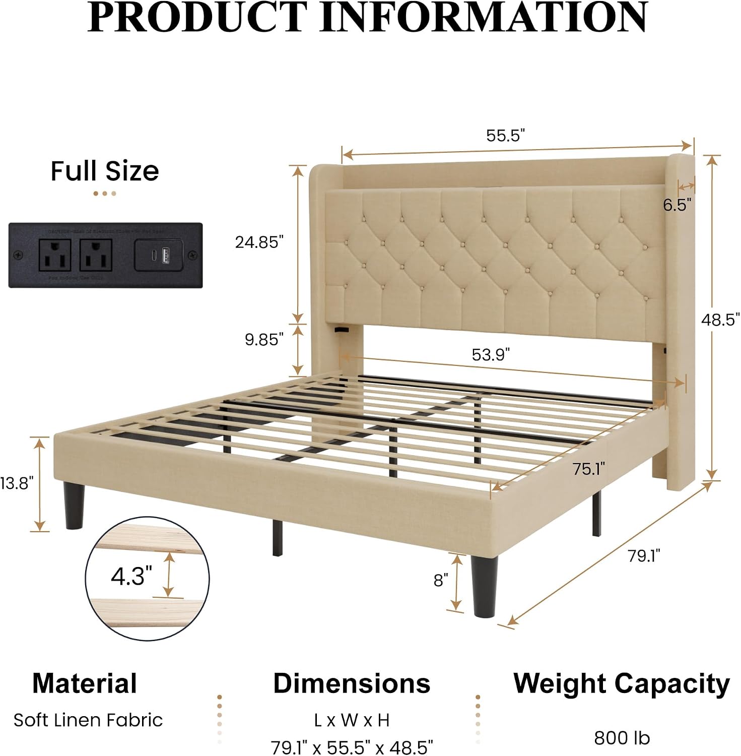 SHA CERLIN Full Size Platform Bed Frame with Charging Station, Linen Wingback Headboard with Storage Shelf, Wooden Slats Support, Ample Under-Bed Space, No Box Spring Needed, Easy Assembly, Beige