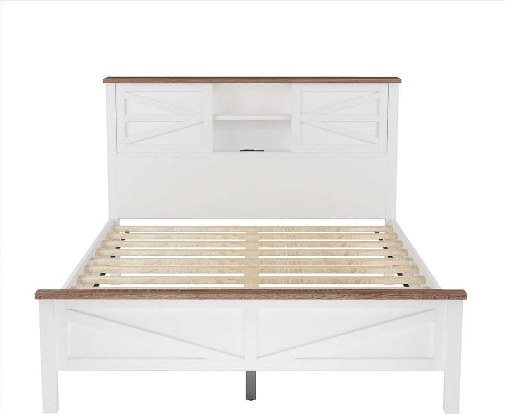 Farmhouse 3-Pieces Bedroom Sets Queen Size Farmhouse Platform Bed with Double Sliding Door Storage Headboard and Charging Station,Solid Wood Platform Bed with Storage Nightstand and Dresser,White
