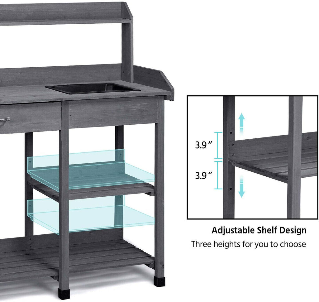 Wooden Potting Bench Work Table with Storage Display Shelves and Sink Durable Sturdy Heavy Duty Versatile Contemporary for Home Garden Backyard Patio Greenhouse Outdoor Garage Planter Flowers Pot