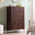T4TREAM Fluted 5 Drawers Dresser for Bedroom, 48' Tall Modern Dresser Chest of Drawers, Gold Accents, Fluted Fronts, Wood Storage Dressers Organizer for Bedroom, Living Room, Dark Walnut
