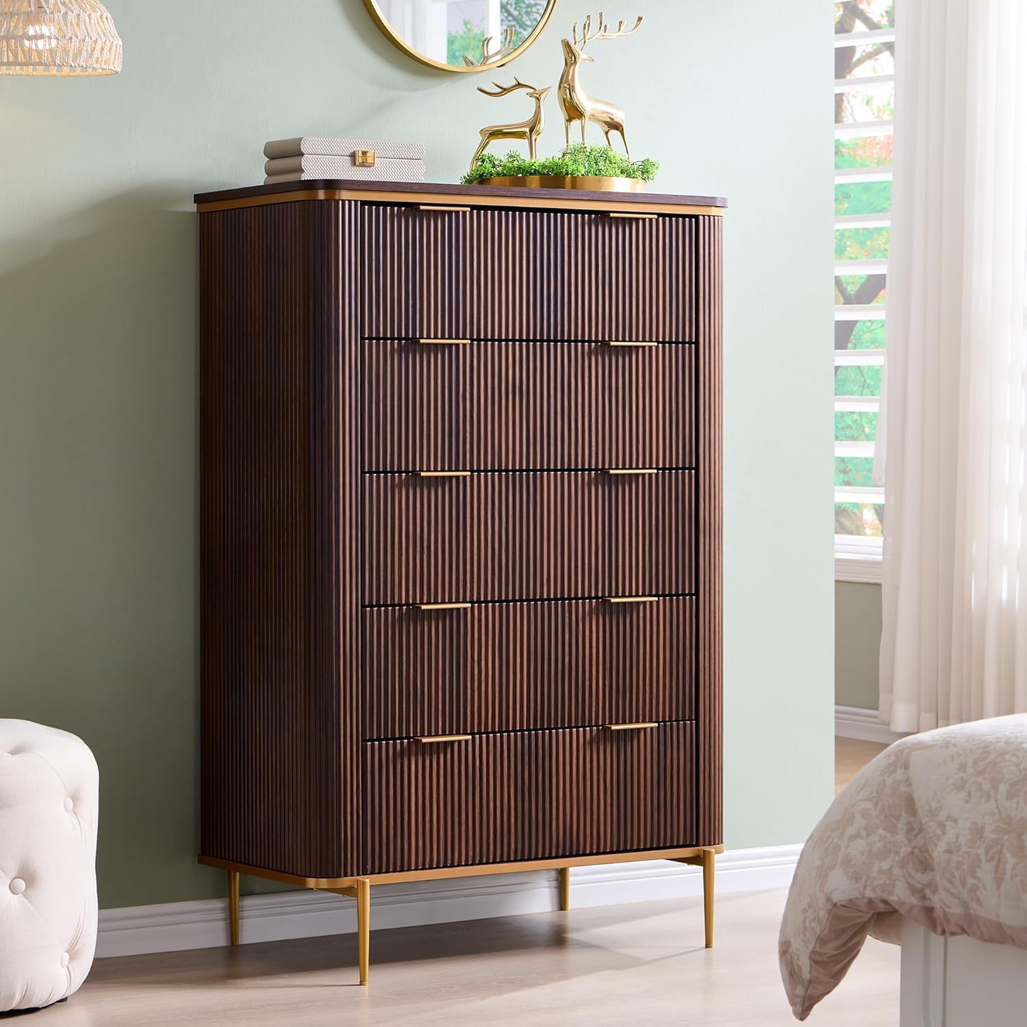 T4TREAM Fluted 5 Drawers Dresser for Bedroom, 48' Tall Modern Dresser Chest of Drawers, Gold Accents, Fluted Fronts, Wood Storage Dressers Organizer for Bedroom, Living Room, Dark Walnut