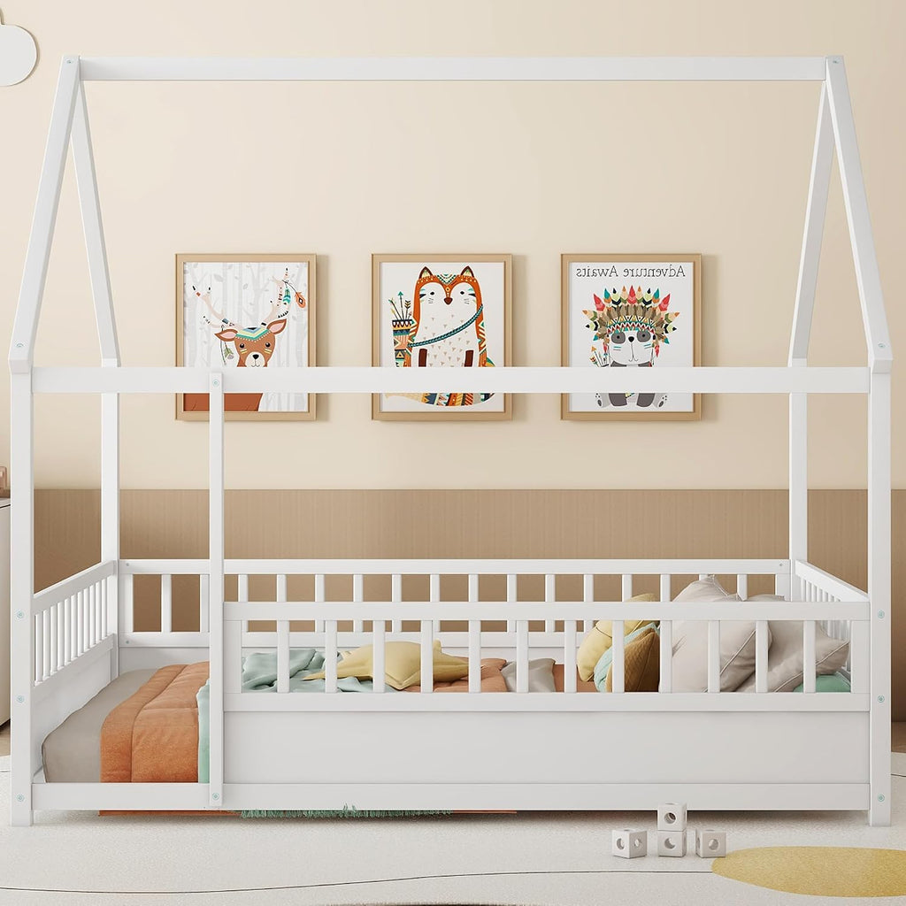 Bellemave Montessori Bed Full Size, Full Floor Bed with High Fence, House Beds for Kids, Girls, Boys, Easy Assemble Montessori Floor Beds, White