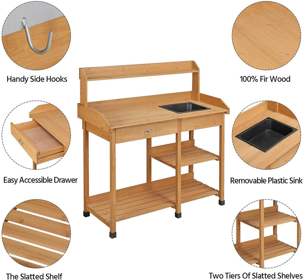 Oran Potting Bench Table with Sink & Drawer, Solid Wood & Plastic, Fade Resistant, 100 lbs Capacity, DIY Drain, Adjustable Shelf, Outdoor Garden Workbench