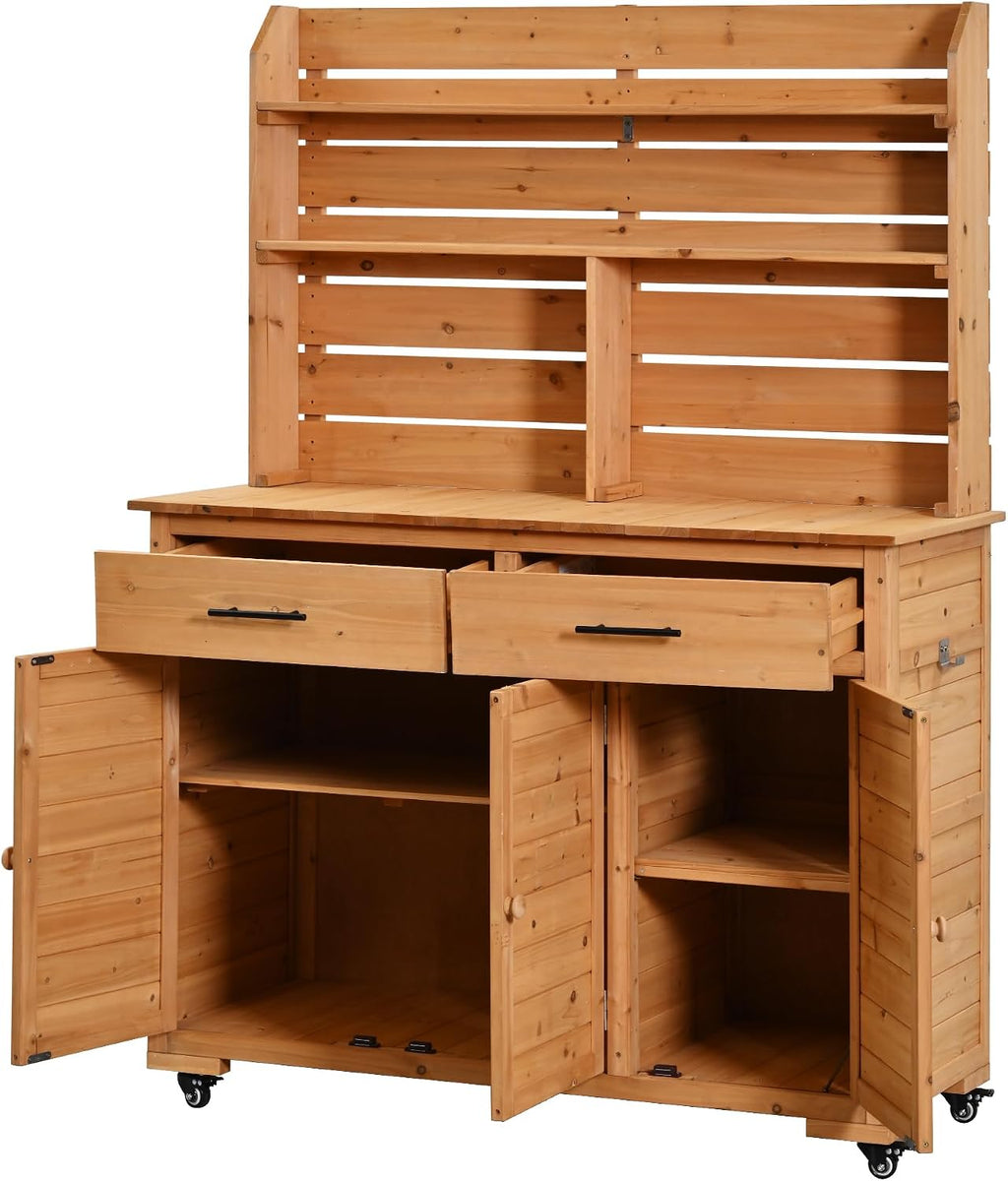 65''H Large Garden Potting Bench with Lockable Wheels and Storage,Wood Outdoor Kitchen Island Prep Cart with Hutch Top,Drawers and Removal Shelves for Grilling (Natural-LG)