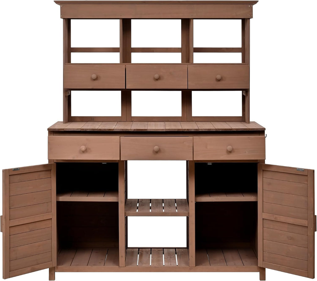 Merax Outdoor Potting Bench Table Potters Benches Garden Workstation,Patio Storage Workstation with 3 Shelves,6 Drawers,2 Bottom Cabinets&Side Hooks, Brown