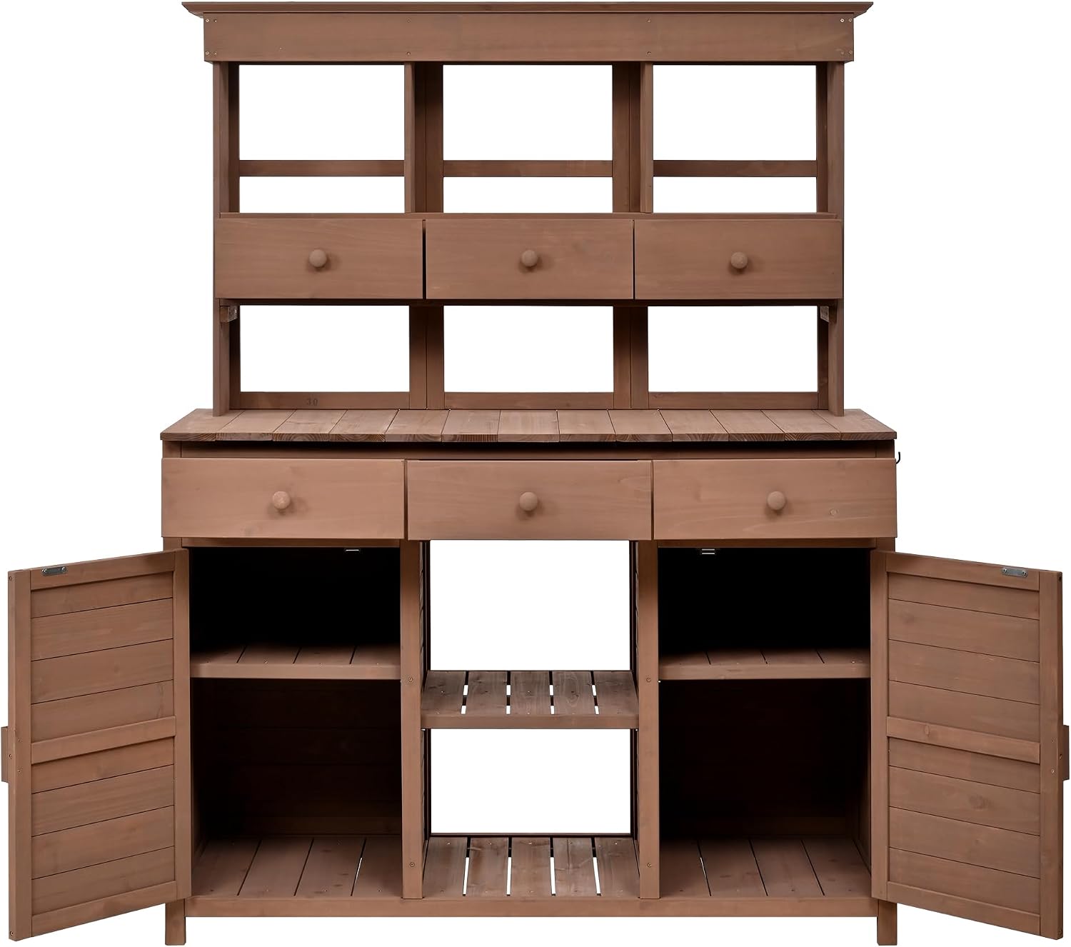 Merax Outdoor Potting Bench Table Potters Benches Garden Workstation,Patio Storage Workstation with 3 Shelves,6 Drawers,2 Bottom Cabinets&Side Hooks, Brown