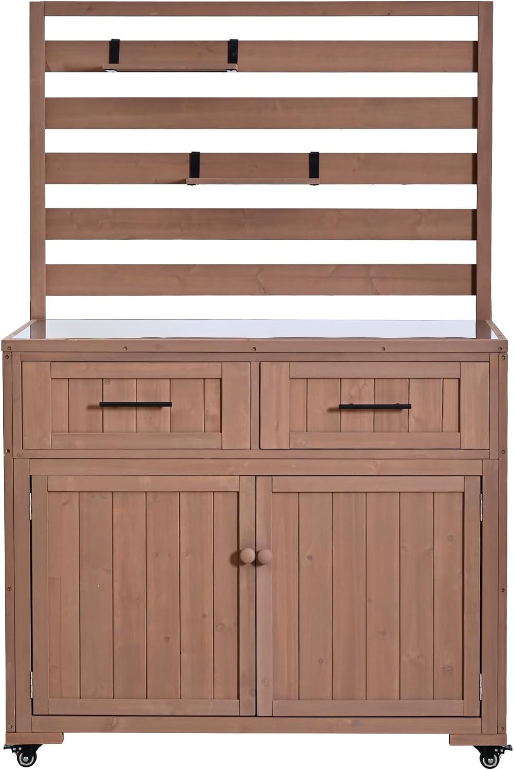 Garden Potting Bench with Movable Shelves and 2 Drawers, Large Rolling Garden Workstation with Stainless Table Top for Mudroom, Doorway (Brown)