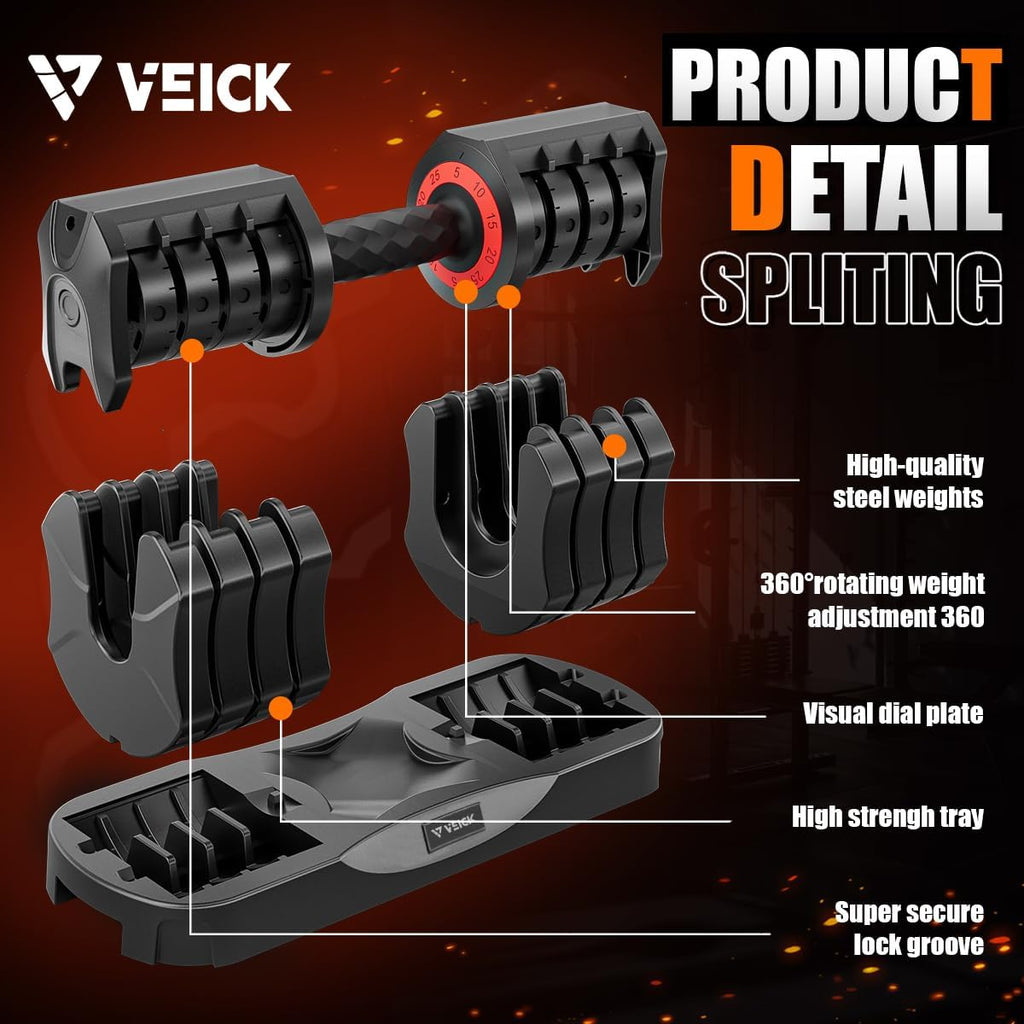 VEICK 25 lbs Adjustable Dumbbell with Anti-Slip Turning Handle, Fast Adjust Weight for Men Women, Exercise Equipment with Tray for Home Gym Full Body Workout Fitness