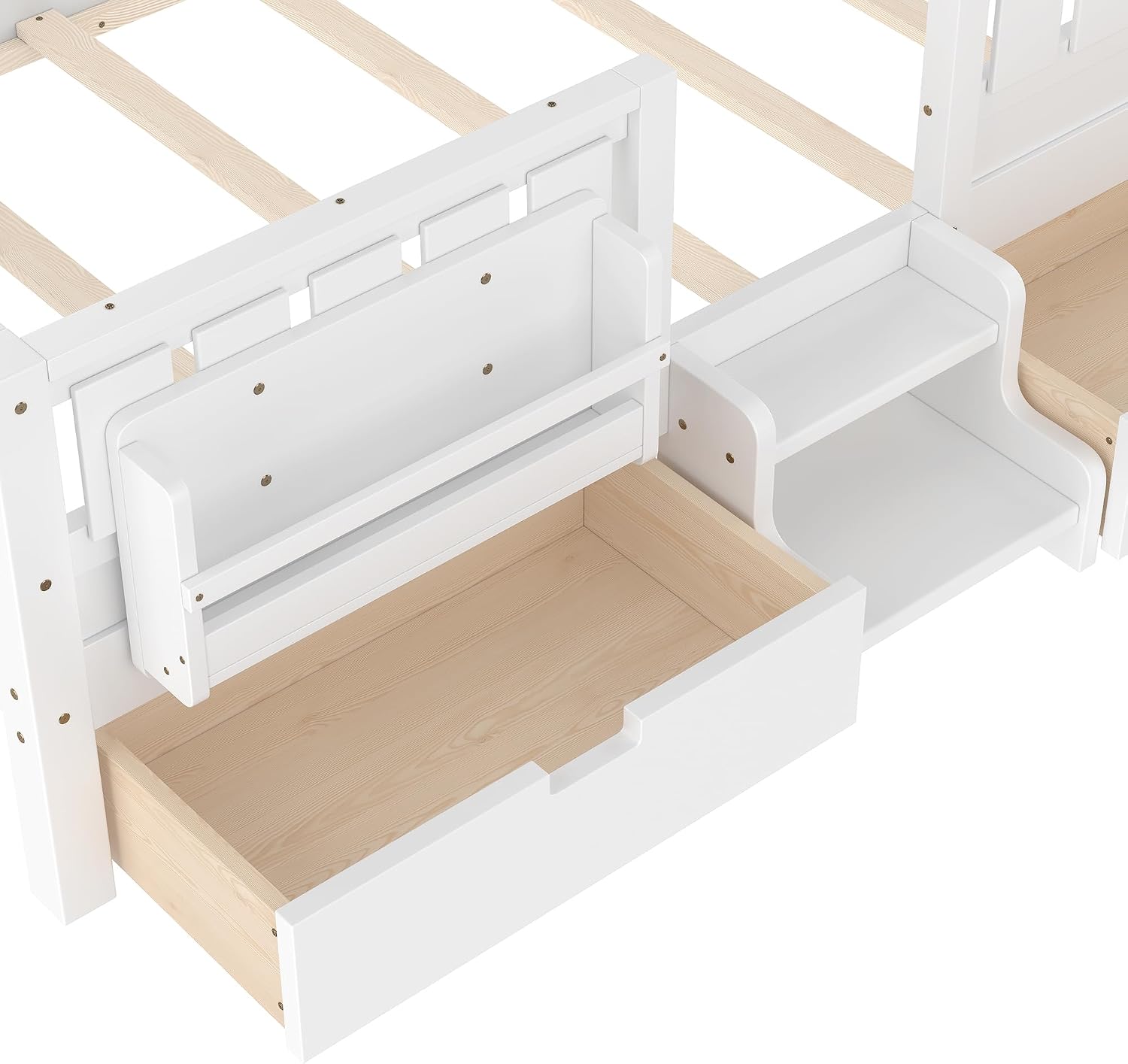 Bellemave Twin Montessori Bed with Stairs, Rails and Slats, Twin Size Montessori Floor Bed with Bookshelf and 2 Storage Drawers, Easy Assemble Beds Frame for Girls, Boys, White