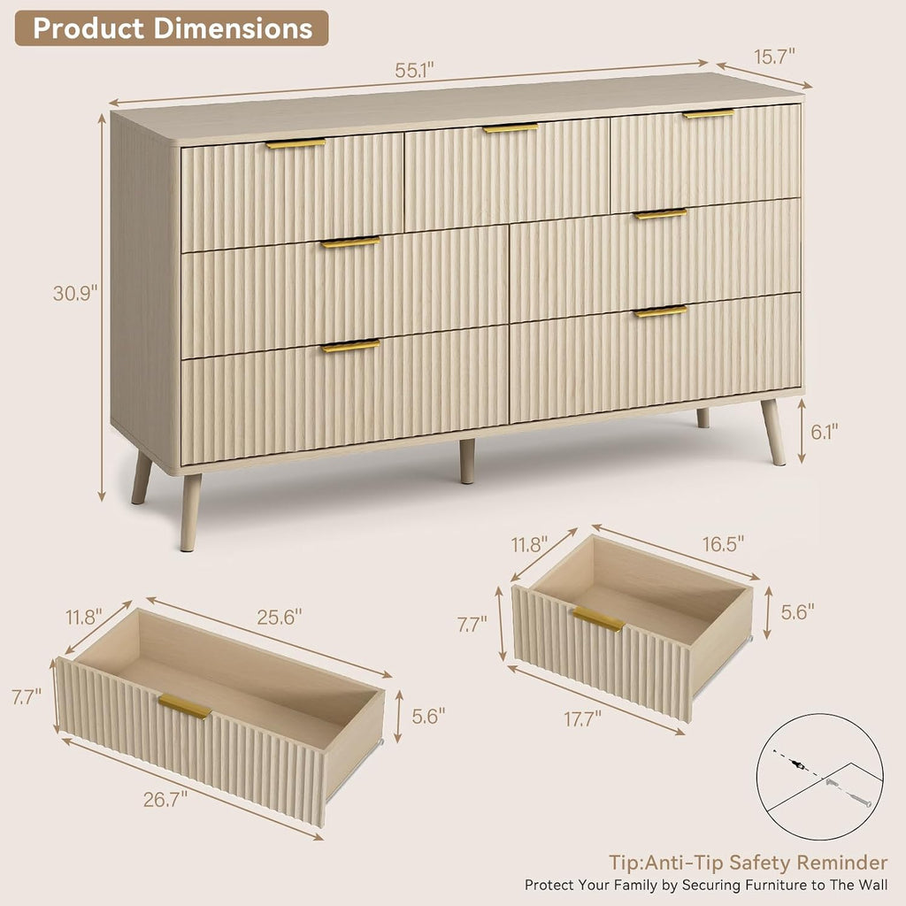 CARPETNAL Fluted Dresser and Nightstand Sets for Bedroom, 3 Pcs Bedroom Set, 7-Drawer Dresser & 2-Drawer Nightstand Set of 2, Modern Wood Chest of Drawers for Living Room, Entryway, Beige