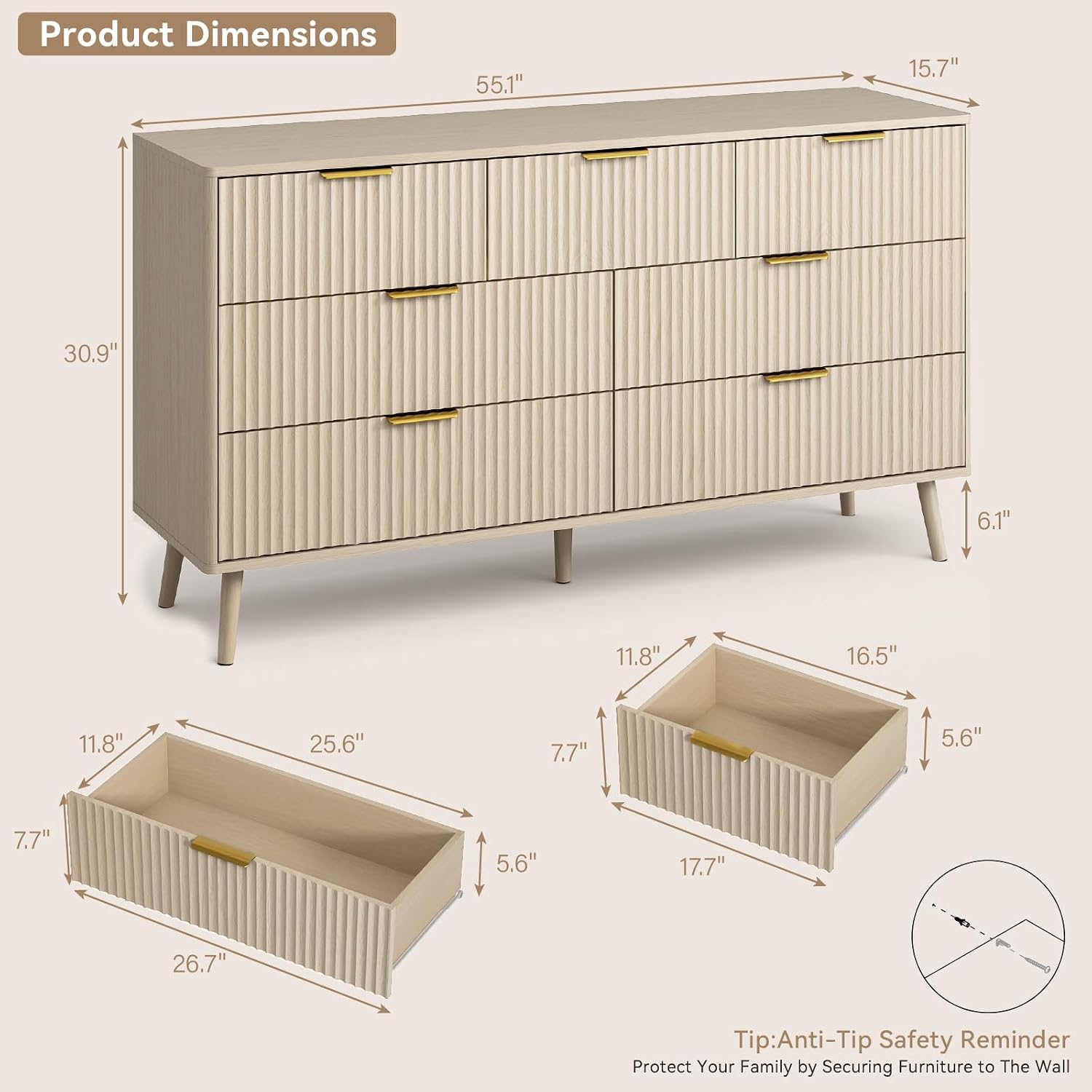 CARPETNAL Fluted Dresser and Nightstand Sets for Bedroom, 3 Pcs Bedroom Set, 7-Drawer Dresser & 2-Drawer Nightstand Set of 2, Modern Wood Chest of Drawers for Living Room, Entryway, Beige