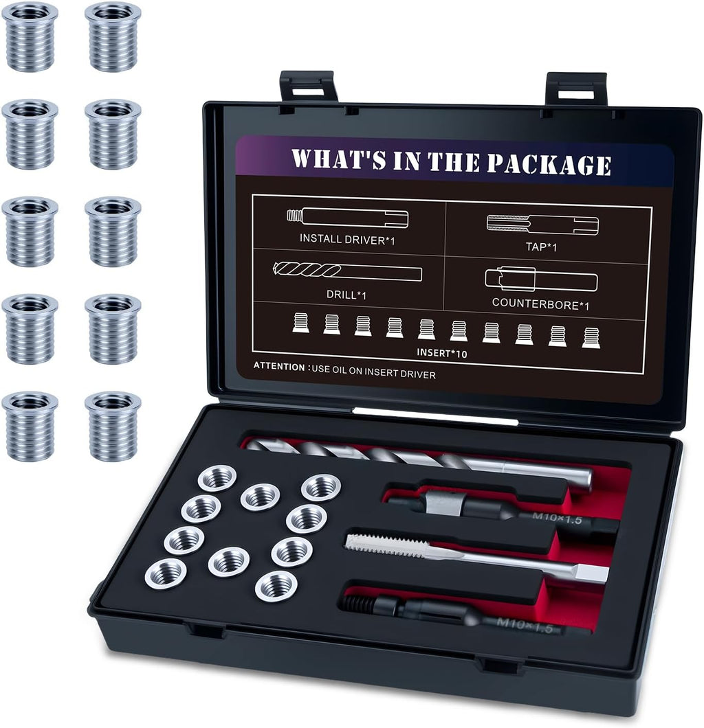 M10x1.5 Thread Repair Kit with 14mm Insert HSS Drill, Tap, Counterbore,Installation Driver,Stainless Steel Insert M10*1.5 * 14mm *10pcs
