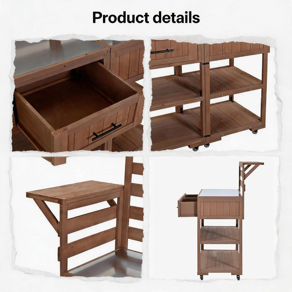 Outdoor Kitchen Island with Stainless Steel Top, 62 in | Fir wood, stainless steel top, raised shelf, modular 2-cart design, lockable wheels, BBQ prep, 62.3 W x 28.6 D x 65 H in