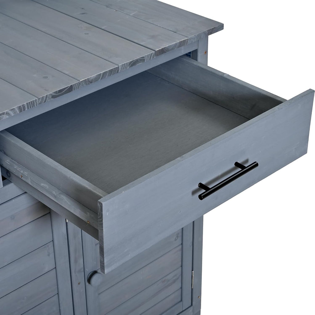 Polibi 65' H Large Garden Potting Bench with Lockable Wheels,Hutch Top & Storage Cabinet, Fir Wood Outdoor Kitchen Island Prep Cart with Drawers and Removable Shelves for Grilling, Gray