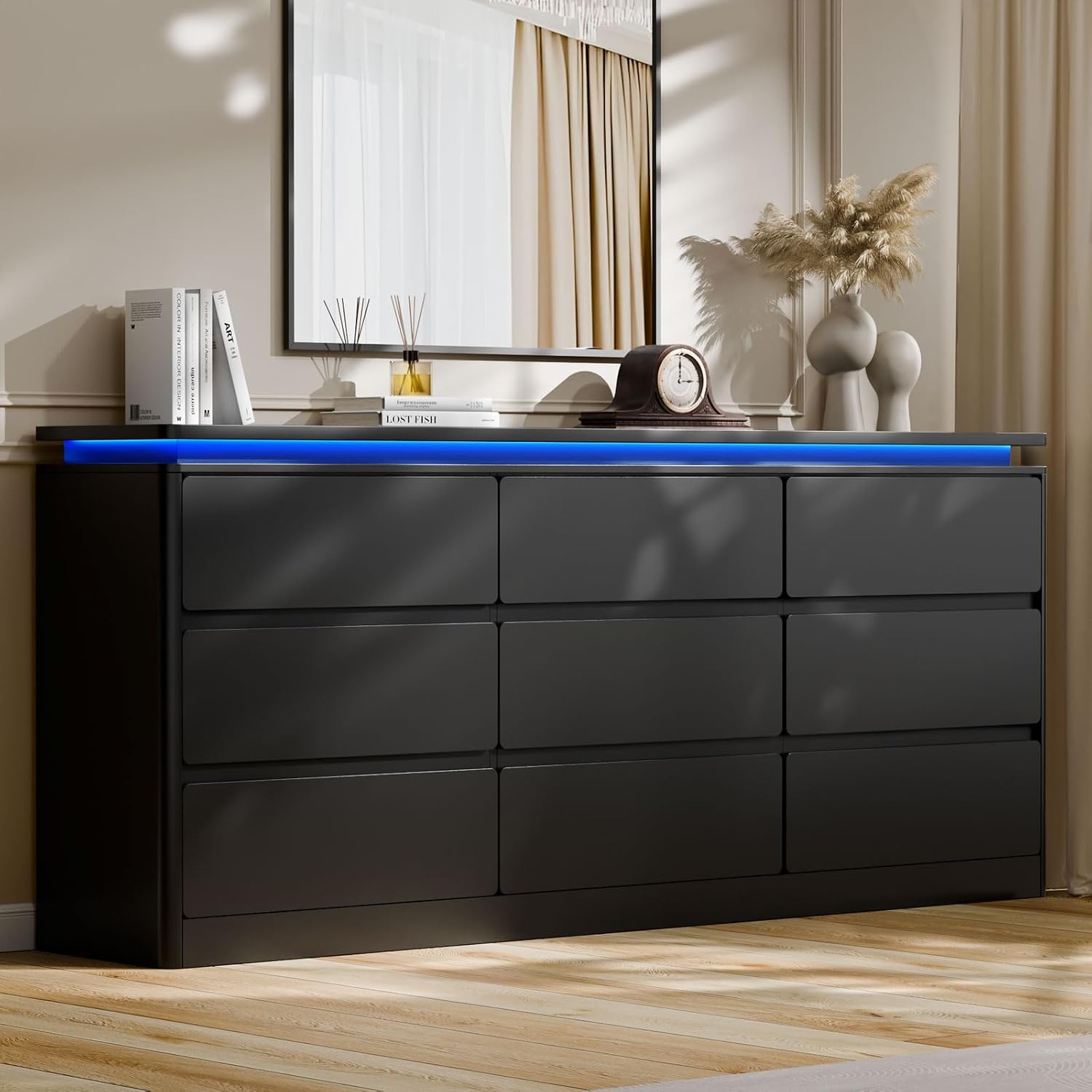 9 Drawer Dresser for Bedroom, 63' Long Black Chest of Drawers with Charging Station & LED Lights, Curved Anti-Collision Design,Wooden Closet Storage Cabinet,Modern Dresser TV Stand with Deep Drawers