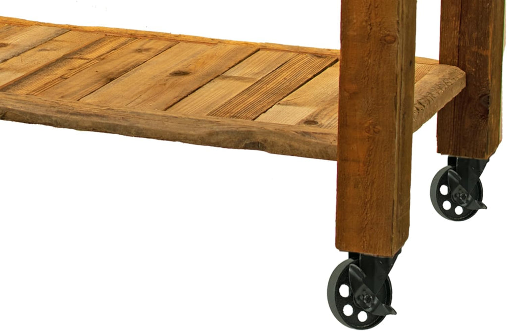 Redwood Potting Table Rolling Cart Swivel Cast Iron Wheels with Brakes Outdoor Garden Work Bench (with Drawer Pulls & 5in Black Casters)