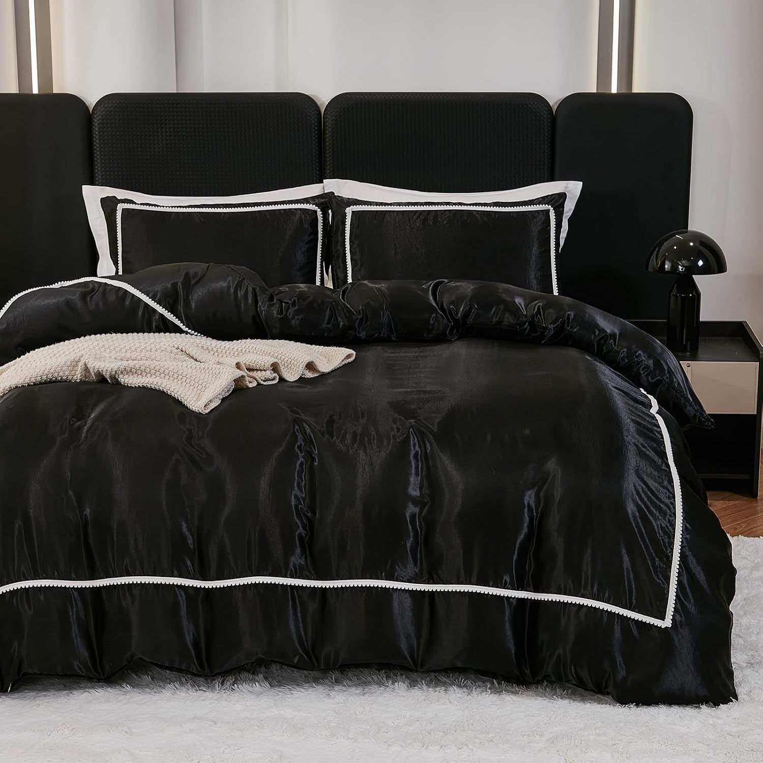 Herside Black Satin Comforter Set 7 Pieces King Size Bed in a Bag Luxurious Satin Bedding Set with Comforter Pillowcases and Sheets Sets Mini Pompoms Design Super Soft Silky Bed Set for All Seasons