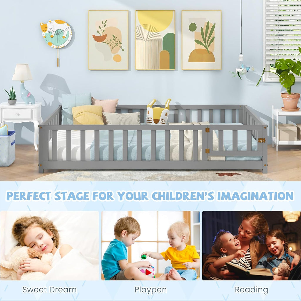 Giantex Full Size Floor Bed for Kids, Low Montessori Bed with Wood Slats & Safety Guardrails, Solid Wood Full Floor Beds with Fence and Door for Kids Boys Girls, Grey