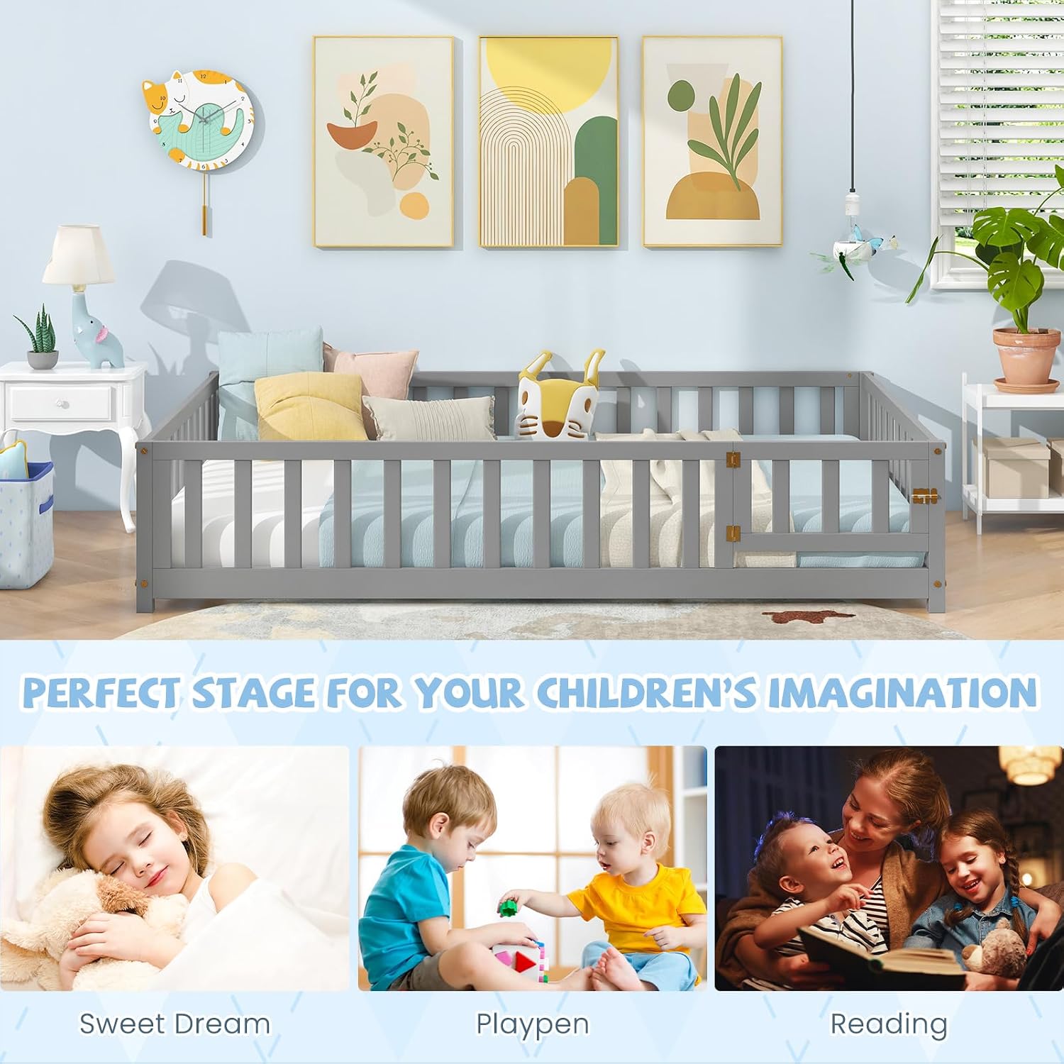 Giantex Full Size Floor Bed for Kids, Low Montessori Bed with Wood Slats & Safety Guardrails, Solid Wood Full Floor Beds with Fence and Door for Kids Boys Girls, Grey