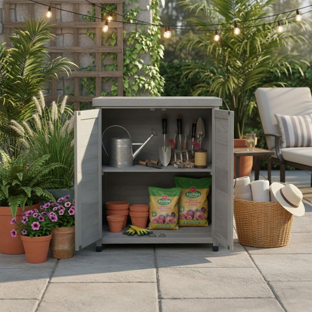 Garden Potting Bench Table, Outdoor Storage Cabinets Weatherproof Storage Cabinet with Metal Table Top Garden Furniture Wood Workstation for Outdoor Patio