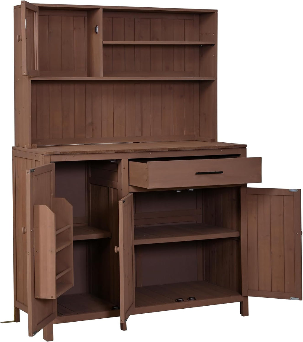 Outdoor Potting Bench with Large Countertop and Hutch, Wood Garden Workstation with Adjustable Shelves, Spice Rack, Side Hook and Drawer (Brown)
