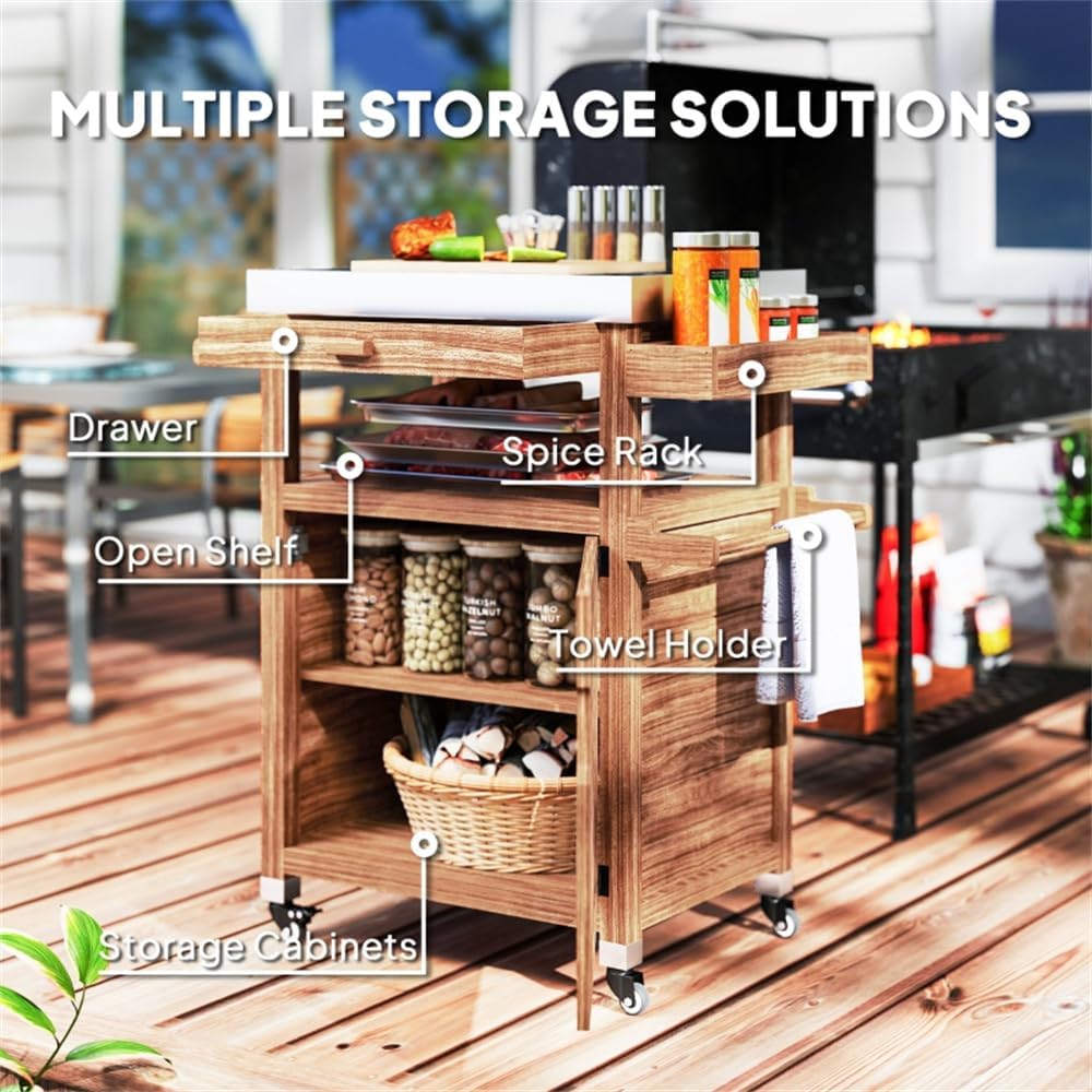 Outdoor Grill Cart with Storage Cabinet, Lockable Wheels & Spice Rack - Stainless Steel BBQ Prep Table for Pizza Oven, Serving Cart, Potting Table (Brown, 33.3' W)