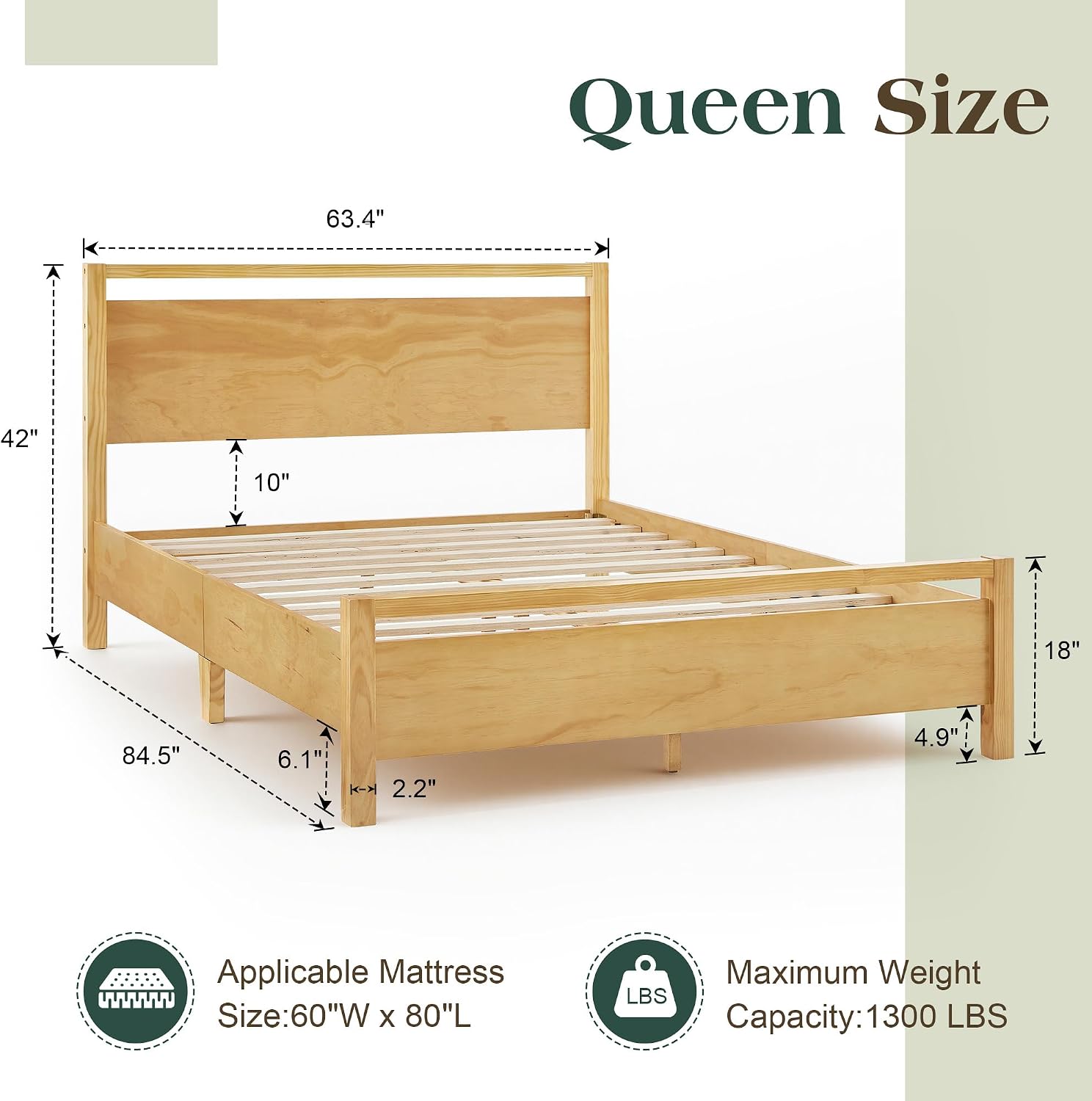 AMERLIFE Queen Size Solid Wood Bed Frame with Headboard, Minimalist Platform Bed with Wood Slats Support/No Box Spring Needed/Easy Assembly/Noise-Free, Natural