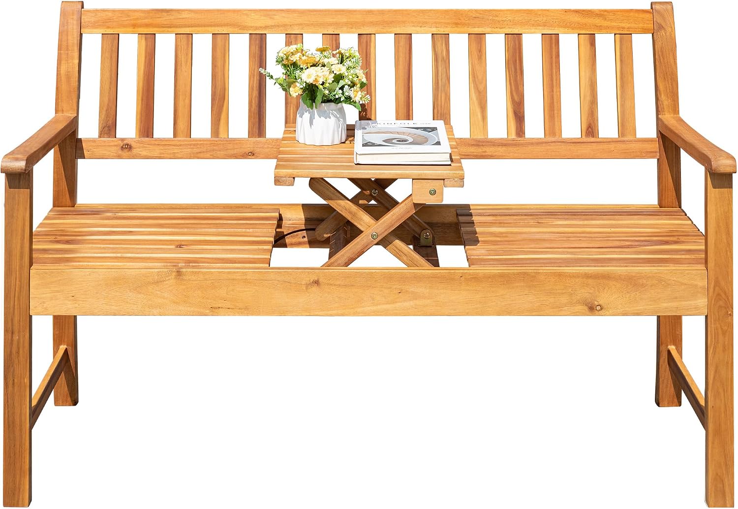 Greesum Outdoor Bench 2-Person Acacia Garden Chair Patio Porch Furniture with Foldable Small Table Plate for Deck, Yard, Balcony, Natural