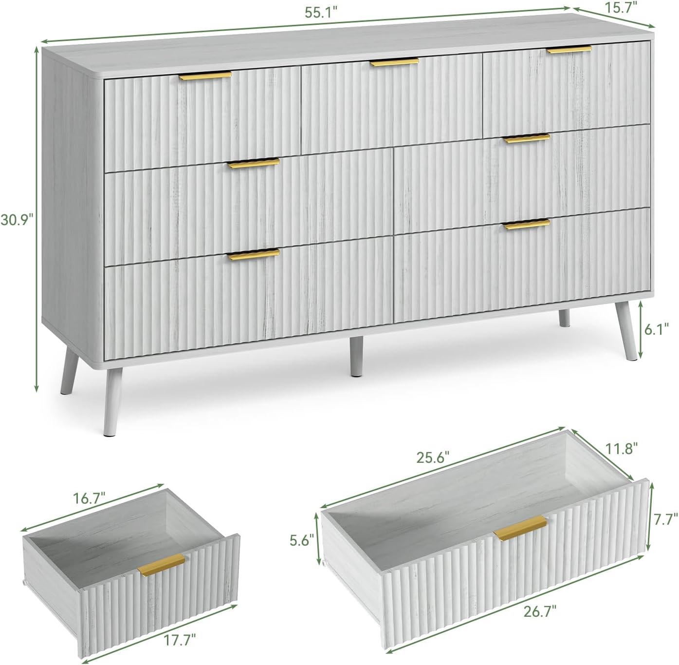 LYNSOM 55' Wide Fluted Dresser for Bedroom with 7 Drawer, Modern Chest of Drawers with Curved Profile Design and Metal Handles, Wood Dresser TV Stand & Storage Organizer for Living Room, White
