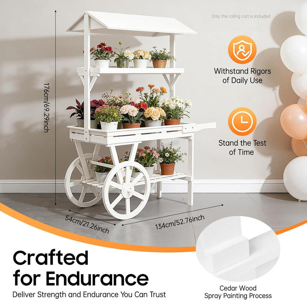 Large Country Market Wooden Rolling Table Cart, Antique Solid Wood Decor Display Rack Cart with Wheels, Rolling Table Carts for Display Various Flowers and Candy (White)