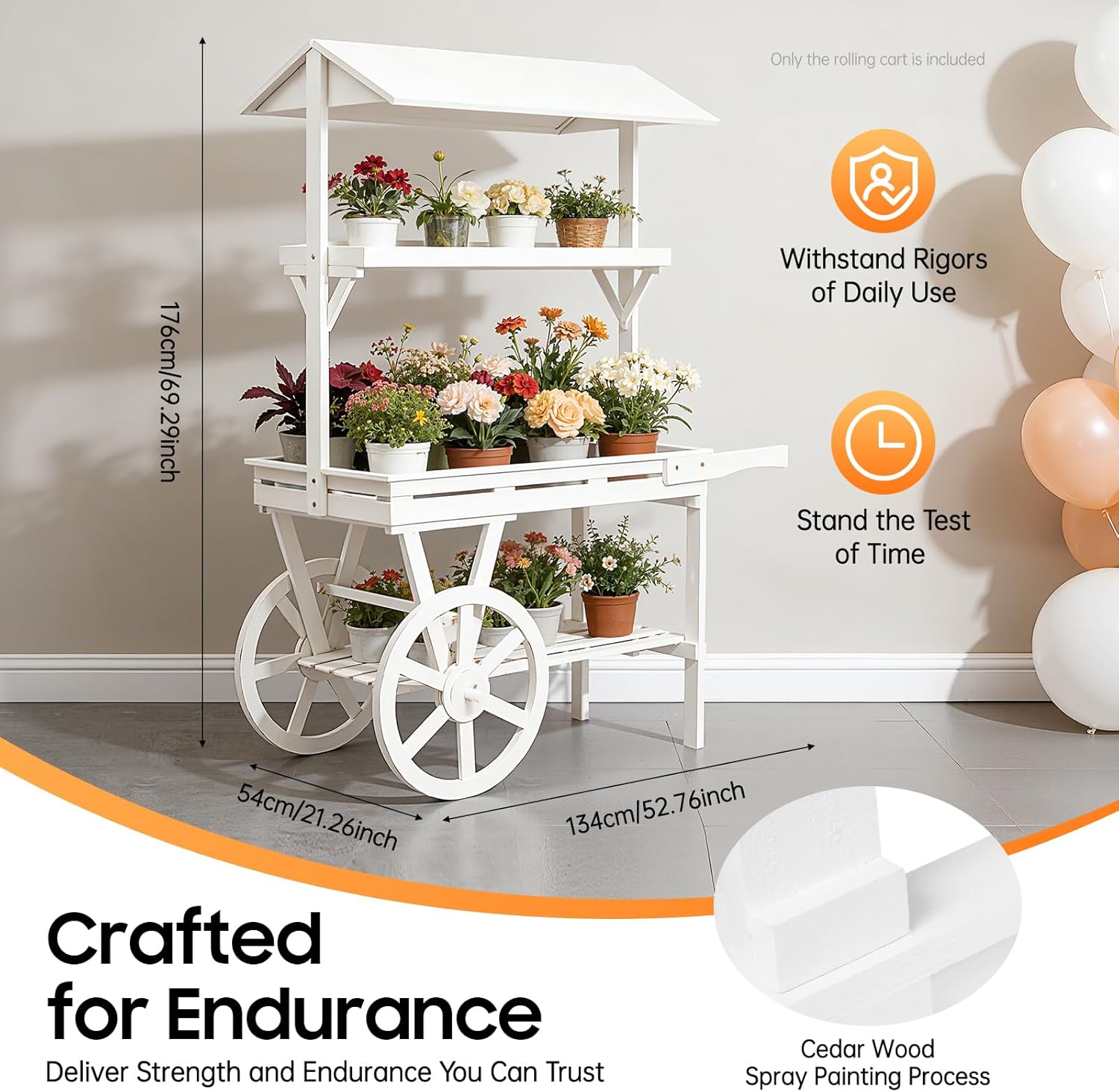 Large Country Market Wooden Rolling Table Cart, Antique Solid Wood Decor Display Rack Cart with Wheels, Rolling Table Carts for Display Various Flowers and Candy (White)