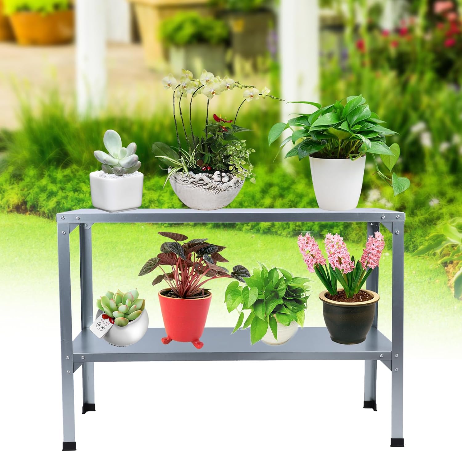 Galvanized Iron Potting Bench with High Load Capacity for Garden, Potting Tables, Indoor and Outdoor Use Metal Potting Bench with 120KG Load Bearing Double Layers and Rubber Feet