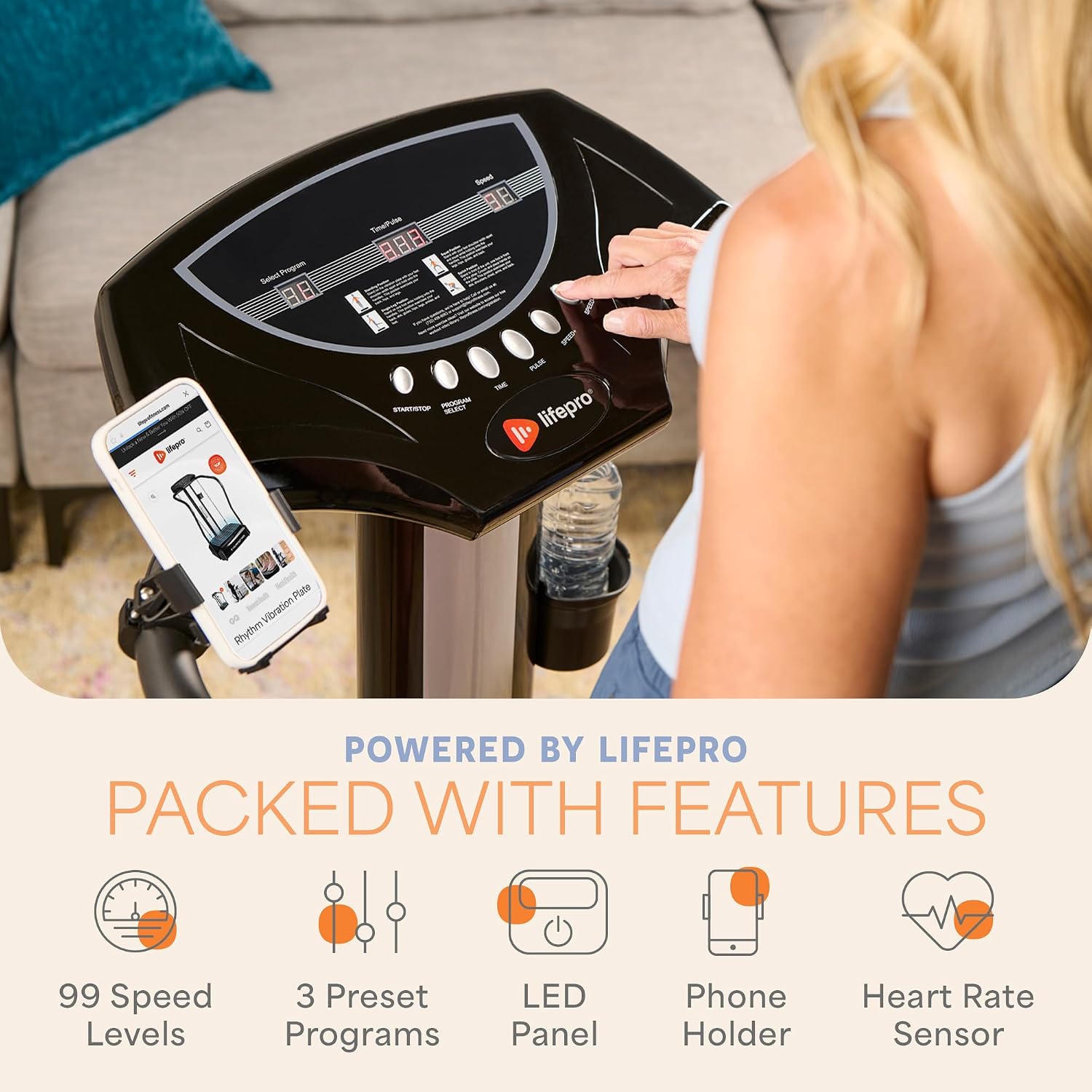 Lifepro Rhythm Vibration Plate Exercise Machine — 99 Speeds & Heart Rate Monitor Whole Body Vibration Platform Machine for Lymphatic Drainage with Handles — Standing Vibrating Platform for Home Gym
