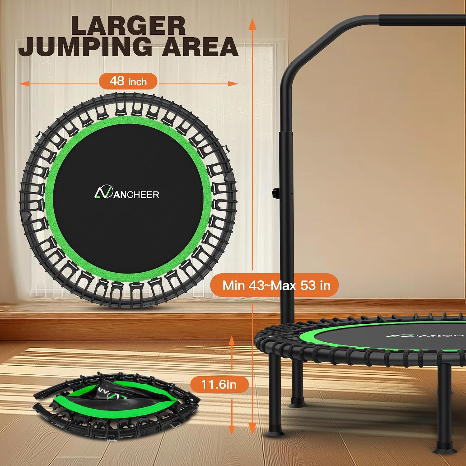 ANCHEER 40'/48' Foldable Mini Trampoline,Max Load 450lbs/550lbs Indoor Trampoline,with 4 Level Adjustable Foam Handle and Resistance Bands,Adult Exercise Trampoline for Home, Garden, and Gym
