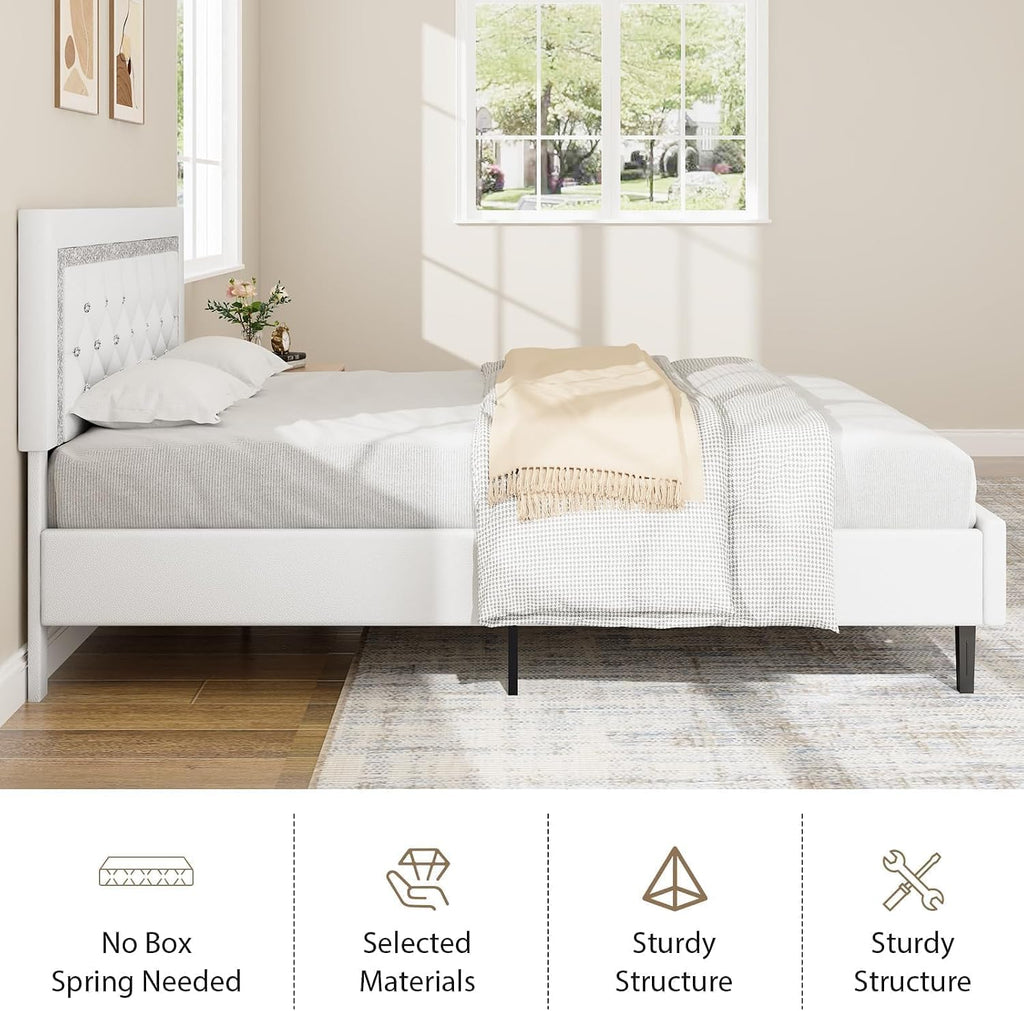 BarnFurin Full Size Bed Frame with Tufted Button Headboard, Upholstered Platform Bed Frame with Diamond Design, Wood Slat Support, No Box Spring Needed, Easy Assembly, White