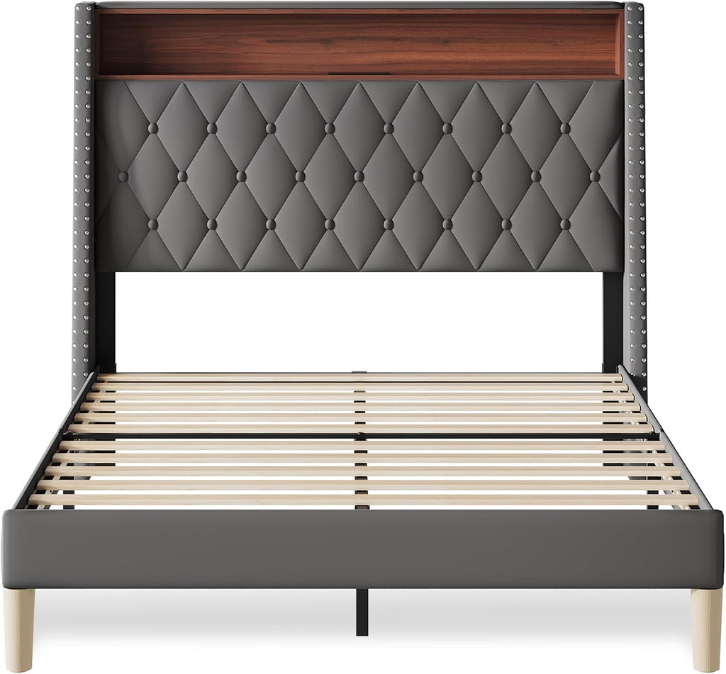 WLIVE Full Size Upholstered Bed Frame with 48'' Tall Wingback Headboard, Velvet Square Tufted Platform Beds with Charging Station, Sturdy Metal & Wooden Slats Support, Grey