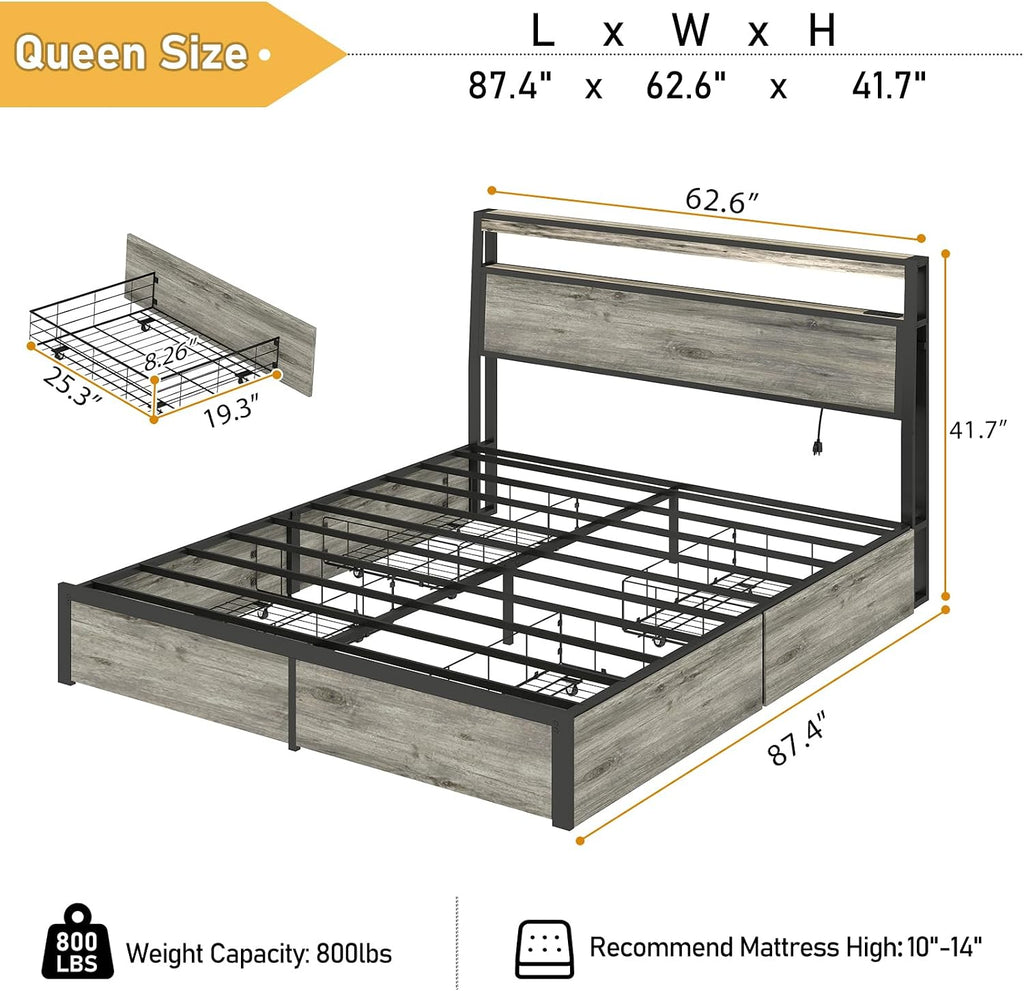 SADENICEL Queen Bed Frame with Storage Headboard, Metal Platform Queen Size Bed Frame Wood with 4 Drawers, LED Light, Charging Station, No Box Spring Needed, Noise Free, Easy Assembly, Grey