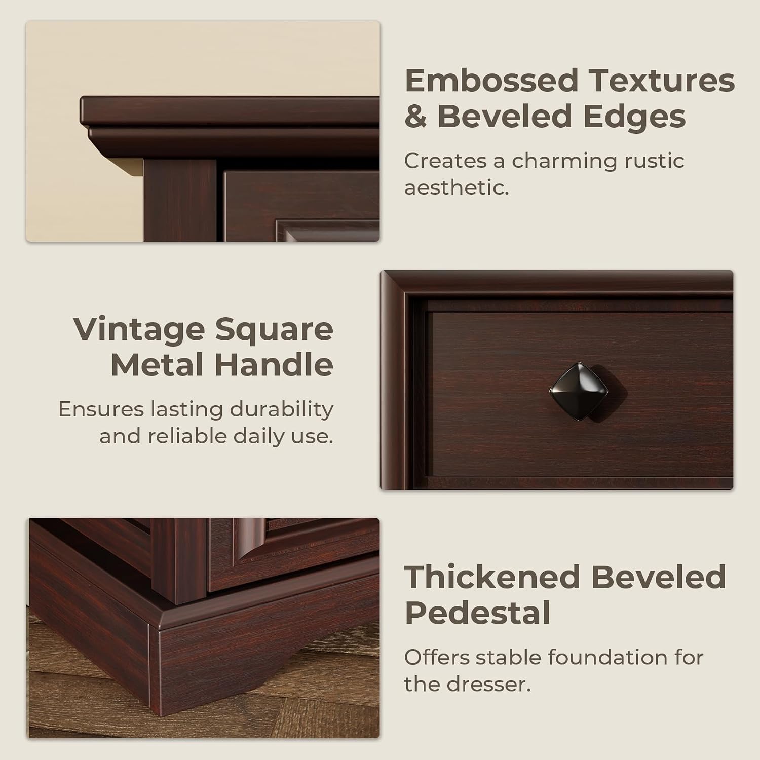 VVFLU Farmhouse 6 Drawer Dresser, 48' Tall Dresser Chest of Drawers with Natural Texture & Metal Handles, Storage Dressers Organizer for Bedroom, Living Room, Hallway, Vintage Design (Cherry)