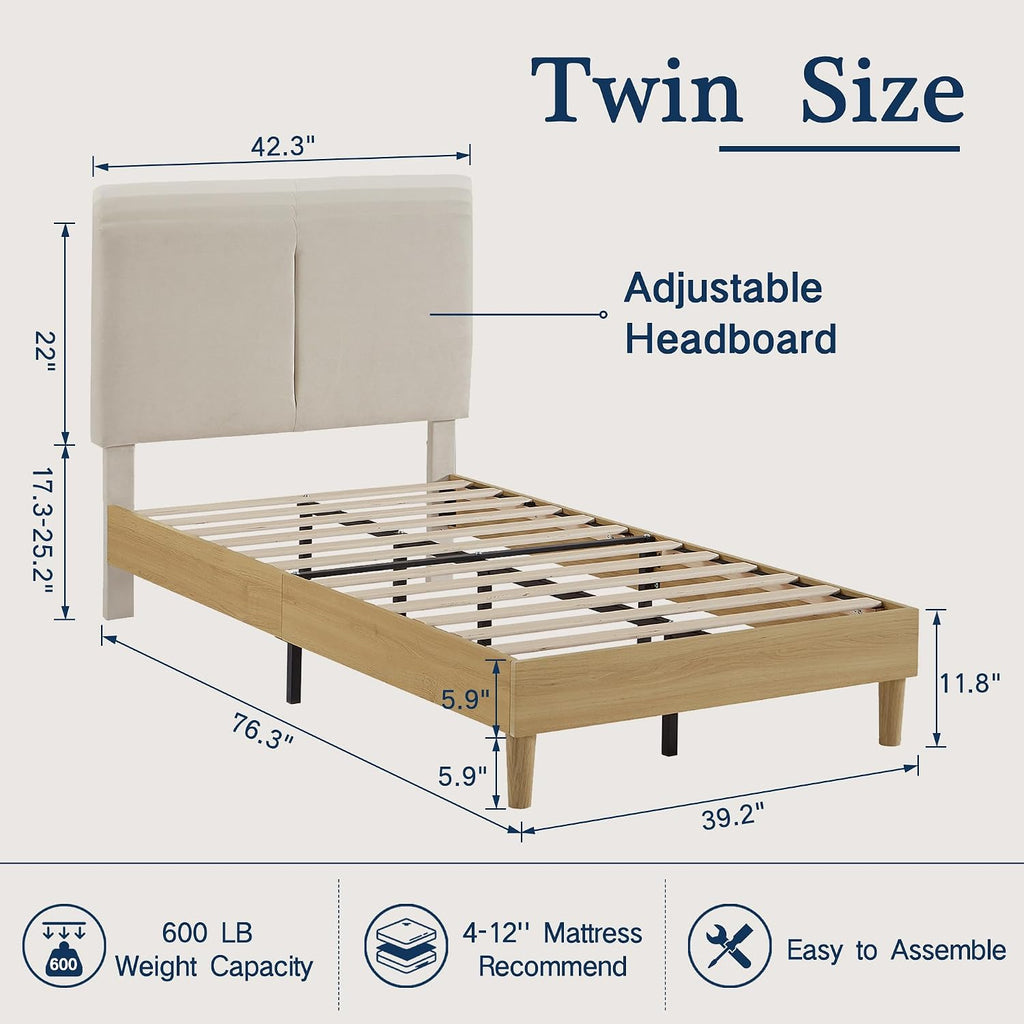 VECELO Twin Size Bed Frame Upholstered Platform Height-Adjustable Cotton and Linen Headboard, Heavy Duty Wood Slats, Noise-Free, No Box Spring Needed, Easy Assembly, Beige