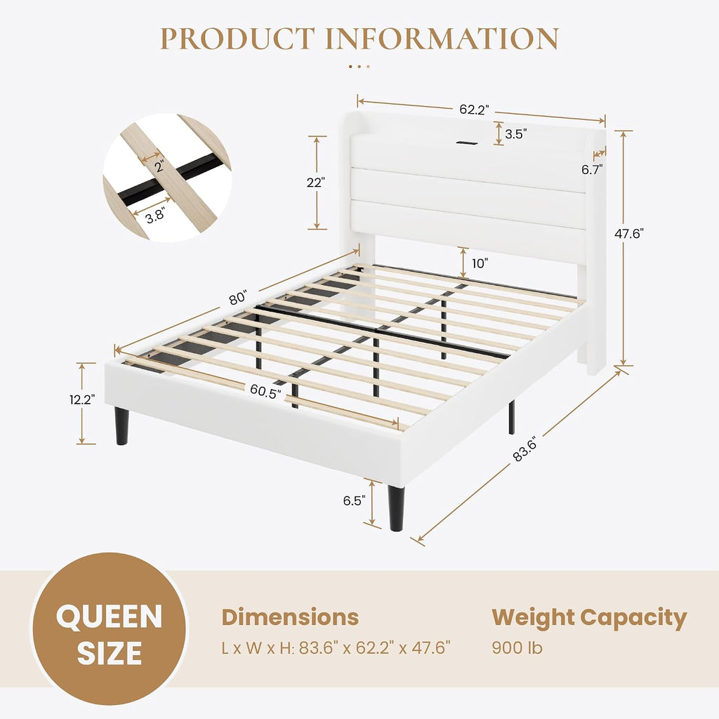 SHA CERLIN Queen Bed Frame with Charging Station, Velvet Upholstered Platform Bed, Wingback Storage Headboard, Type-C & USB Ports, Strong Wooden Slats, No Box Spring Needed, Easy Assembly, White