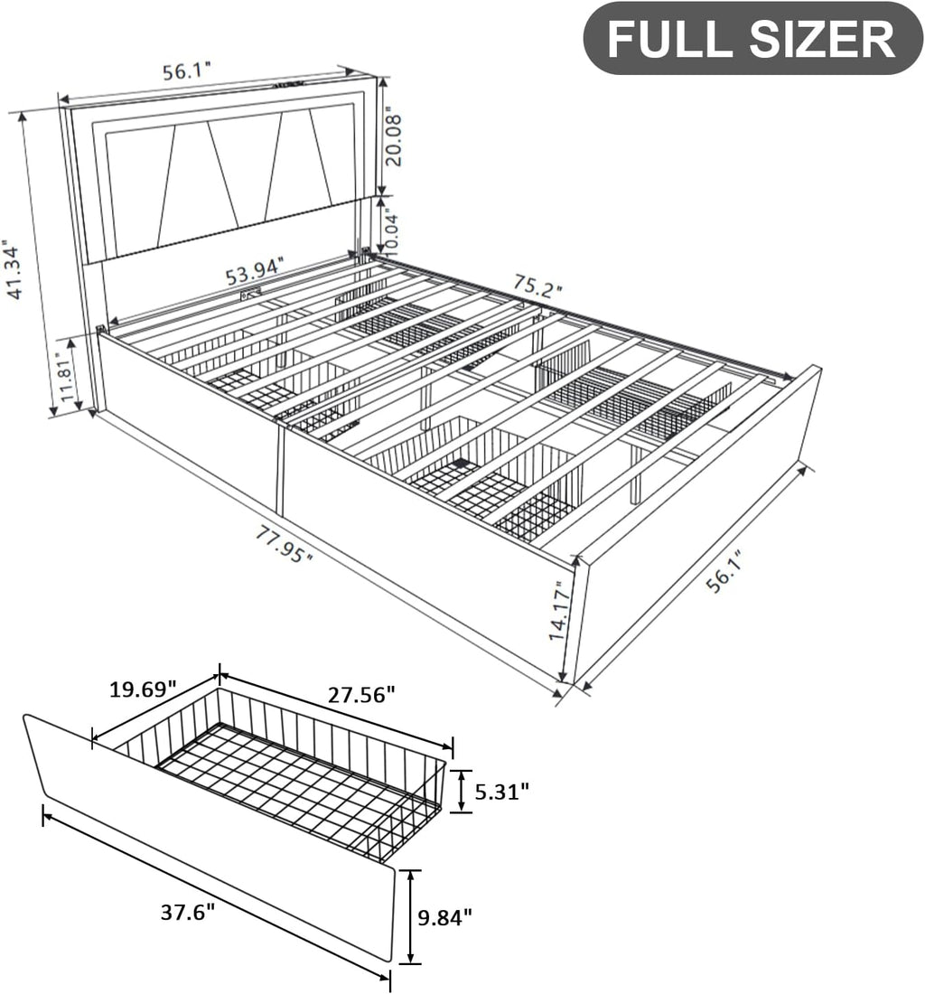 Full Bed Frame with Adjustable Headboard, Upholstered Platform Bed with RGB LED Lights, 4 Storage Drawers & Charging Station (1 USB 1 Type-C), PU Leather Headboard, No Box Spring Needed