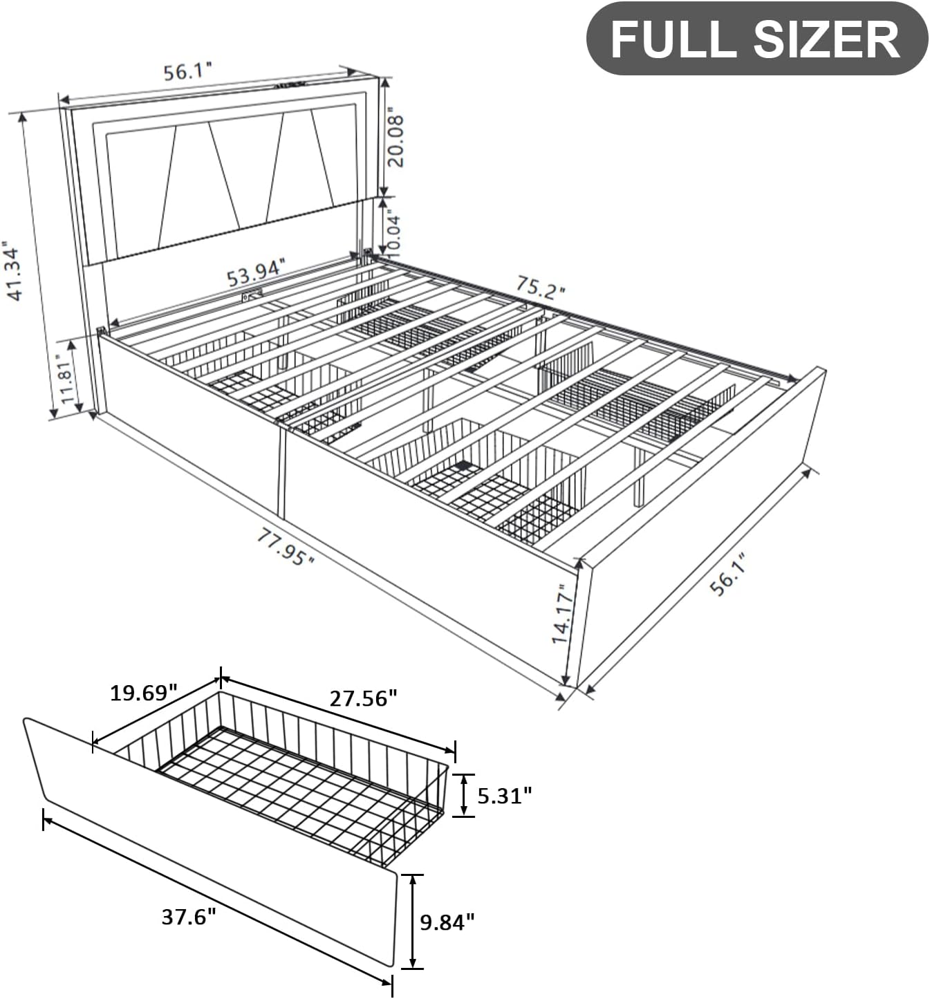 Full Bed Frame with Adjustable Headboard, Upholstered Platform Bed with RGB LED Lights, 4 Storage Drawers & Charging Station (1 USB 1 Type-C), PU Leather Headboard, No Box Spring Needed