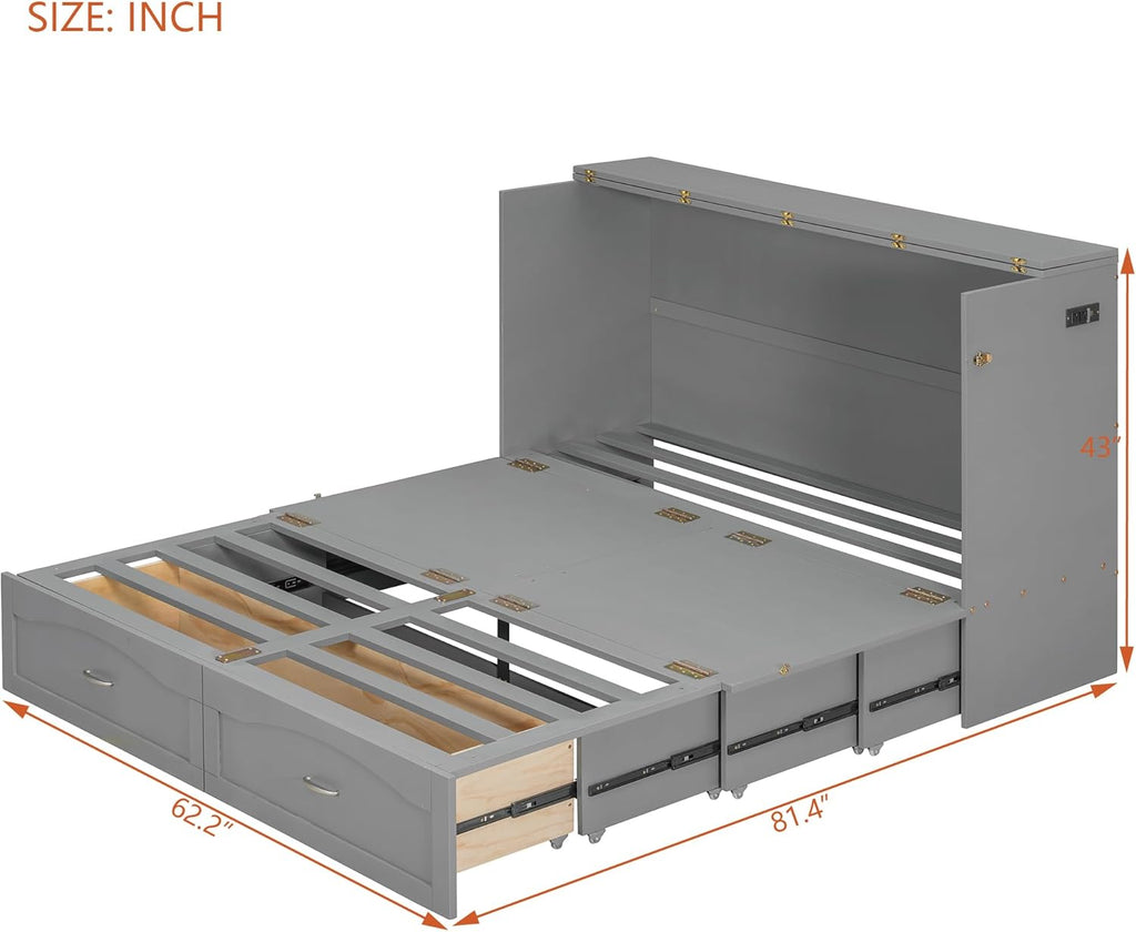 Merax Queen Size Murphy Bed Wall Bed with Drawer and a Set of Sockets & USB Ports, Pulley Structure Design, Gray