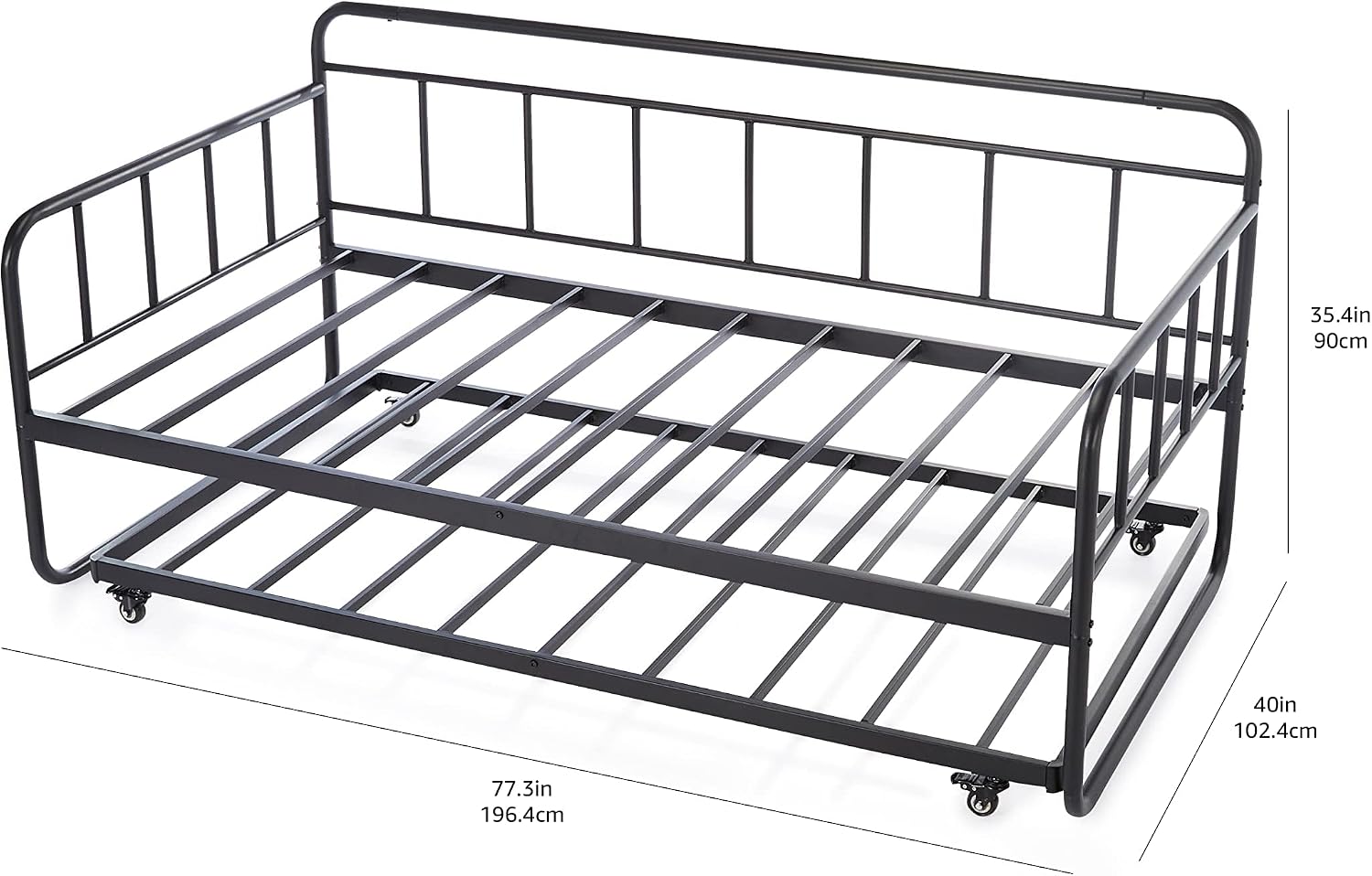 Amazon Basics Twin Daybed and Trundle Bed Frame Set, Space Saving Steel Slat Support, Easy Assembly, Twin Size, Black, 77.3 x 40 x 35.4 in