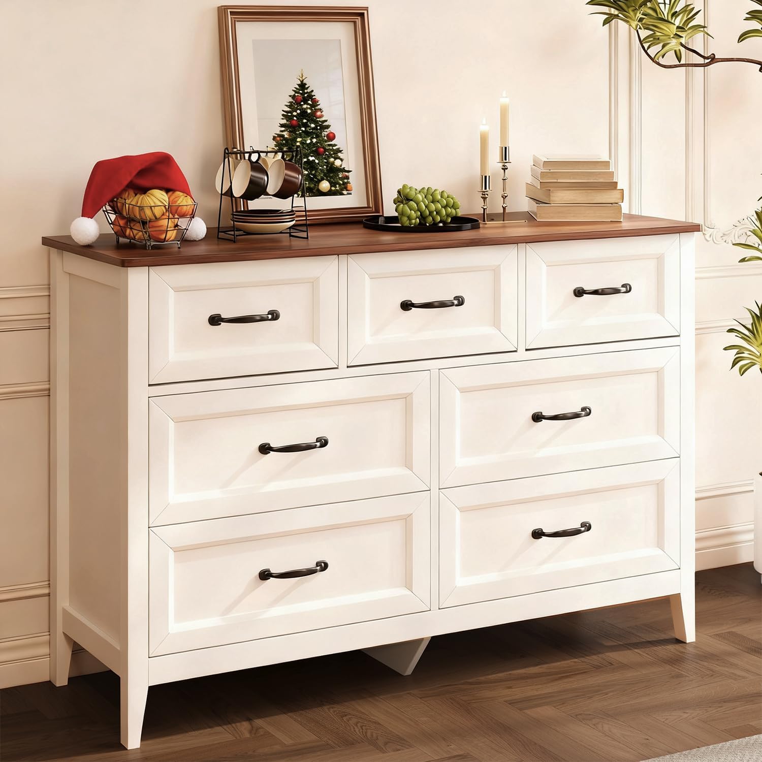 Gizoon Farmhouse 7 Drawers Dresser, White Chest of Drawers with Metal Handles, 47' Wide Wooden Storage Organizer for Bedroom, Hallway, Living Room, Tabletop-Retro