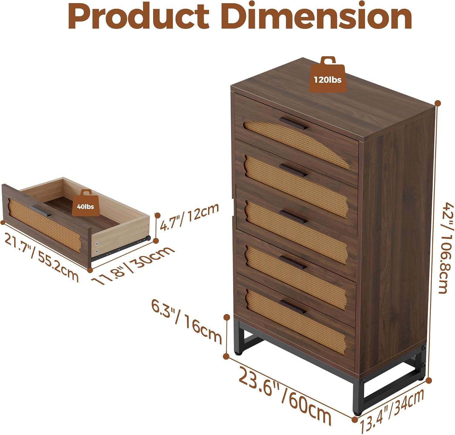 Mericonia 5 Drawer Rattan Dresser for Bedroom, Wood Tall Dresser for Closet with Metal Handles, Boho Nightstand Sets, Dressers & Chests of Drawers for Bedroom, Hallway and Entryway, Walnut