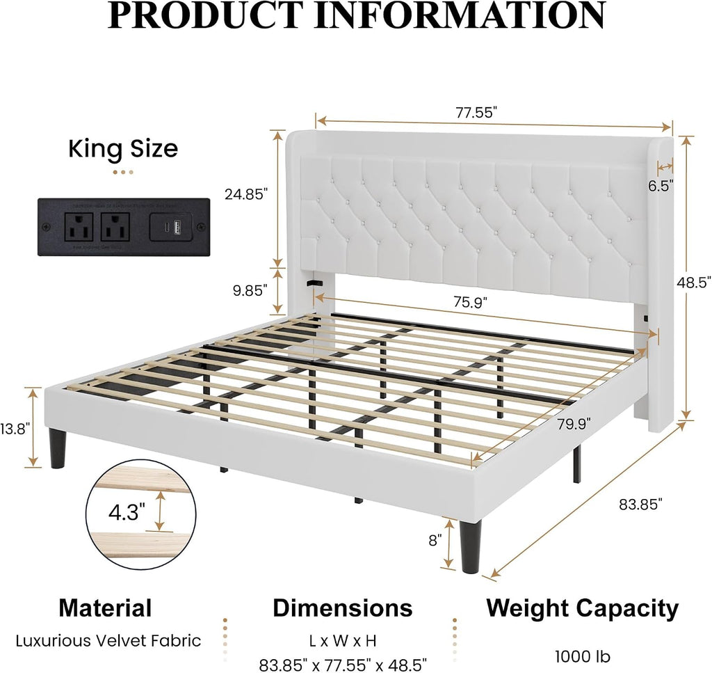 SHA CERLIN King Size Platform Bed Frame with Charging Station, Velvet Wingback Headboard with Storage Shelf, Wooden Slats Support, Ample Under-Bed Space, No Box Spring Needed, Easy Assembly, White